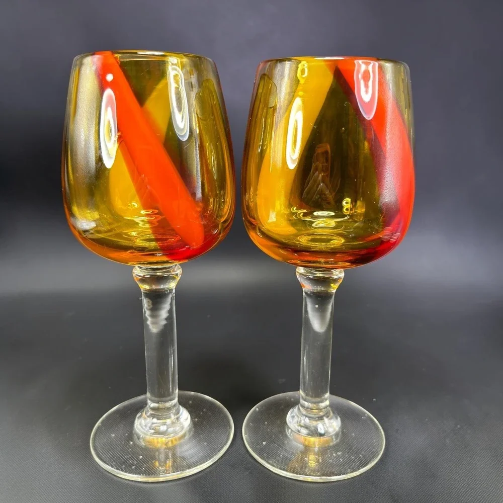 Pier 1 Hand Blown Art Glass Cups Glasses Set of 2 Amber Red Yellow Swirl Stripe